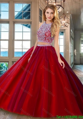 Fashionable Brush Train Open Back Red Quinceanera Dress with Beading