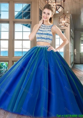 Modest Big Puffy Scoop Tulle Open Back Quinceanera Dress in Royal Blue