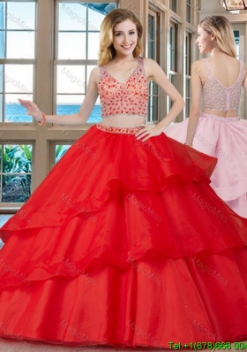 Two Piece Ball Gown V Neck Brush Train Zipper Up Red Quinceanera Dresses with Beading