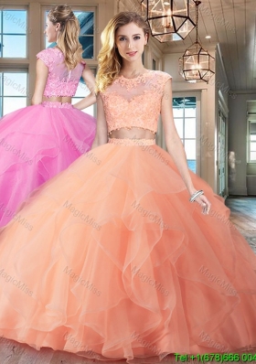 Exquisite Zipper Up Ruffled and Applique Quinceanera Dress with Brush Train