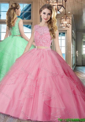 New Arrivals Ruffled and Laced Rose Pink Quinceanera Dress with Brush Train