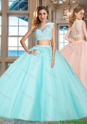 Hot Sale Zipper Up Applique Aqua Blue Quinceanera Dress with Cap Sleeves