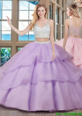 Two Piece Puffy V Neck Brush Train Fuchsia Quinceanera Dresses with Beading