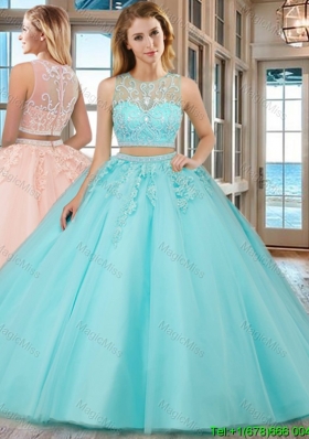 See Through Two Piece Scoop Brush Train Aqua Blue Quinceanera Dresses with Beading and Appliques