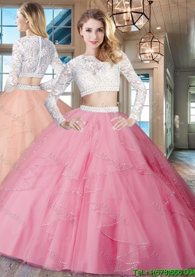 Simple See Through Scoop Zipper Up Quinceanera Dress in Rose Pink