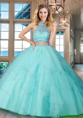 Simple Puffy Skirt Aqua Blue Quinceanera Dress with Ruffles and Beading