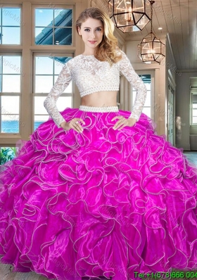 Popular Two Piece Long Sleeves Zipper Up Quinceanera Dress in Fuchsia