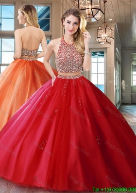 Exquisite Two Piece Red Backless Tulle Quinceanera Dress with Beaded Bodice