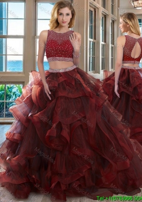 Two Piece Scoop Beaded Bodice Open Back Detachable Quinceanera Dresses in Burgundy