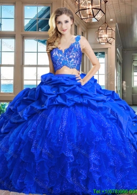 Affordable Tulle and Taffeta Royal Blue Quinceanera Dress with Ruffles and Lace