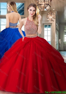 Unique Big Puffy Two Piece Backless Red Quinceanera Dress in Tulle