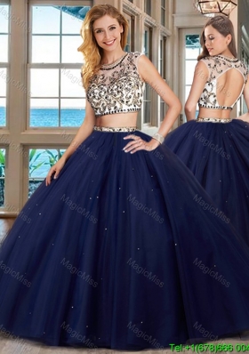 Popular Two Piece Brush Train Beaded Quinceanera Dress in Navy Blue