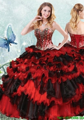 Perfect Visible Boning Beaded and Sequined Bodice Black and Red Quinceanera Dress