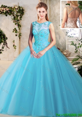 Hot Sale See Through Scoop Beaded Tulle Quinceanera Dress in Baby Blue