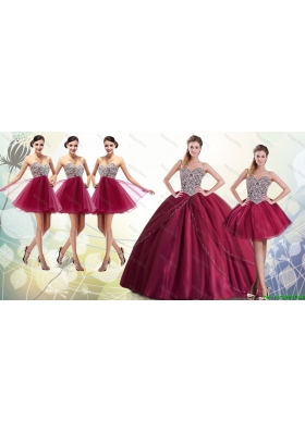 Perfect Beaded Bodice Brush Train Tulle Sweetheart Quinceanera Dresses in Burgundy