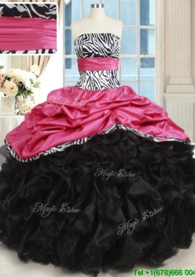 Beautiful Zebra Strapless Hot Pink and Black Quinceanera Dress with Ruffles and Bubbles