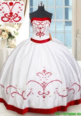 Pretty Strapless Satin White and Red Quinceanera Dress with Beading and Embroidery