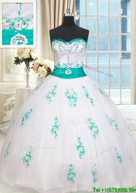 Cheap Big Puffy Applique and Beaded Tulle White Quinceanera Dress