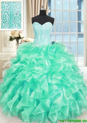 Cheap Visible Boning Beaded Bodice and Ruffled Quinceanera Dress in Turquoise