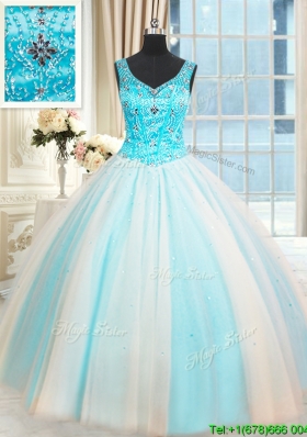 Best Selling V Neck Beaded White and Blue Quinceanera Dress in Tulle