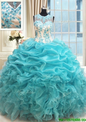 Elegant See Through Scoop Zipper Up Applique Ruffled Quinceanera Dress in Aquamarine