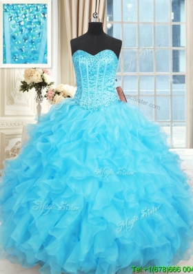 Exclusive Visible Boning Ruffled and Beaded Aqua Blue Quinceanera Dress in Organza