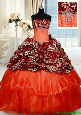 Latest Beaded Brush Train Orange Red Quinceanera Dress in Organza and Leopard