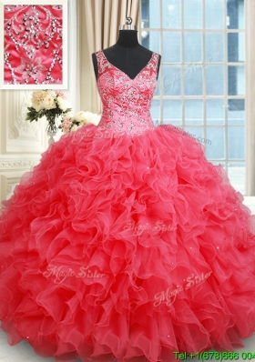 Classical V Neck Ruffled and Beaded Coral Red Quinceanera Dress with Open Back