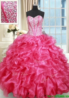 Luxurious Visible Boning Sweetheart Ruffled and Beaded Quinceanera Gown in Hot Pink