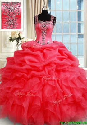 Gorgeous See Through Back Zipper Up Straps Organza Quinceanera Dress in Coral Red