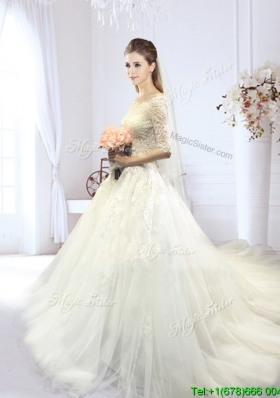 Exquisite Off the Shoulder Court Train Wedding Dress with Half Sleeves