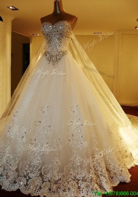 Popular Beaded Bodice and Applique Wedding Dress with Chapel Train