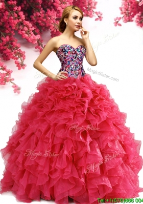 Lovely Beaded Bodice and Ruffled Organza Quinceanera Gown in Red