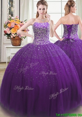 Beautiful Puffy Beaded Bodice Tulle Quinceanera Dress in Purple