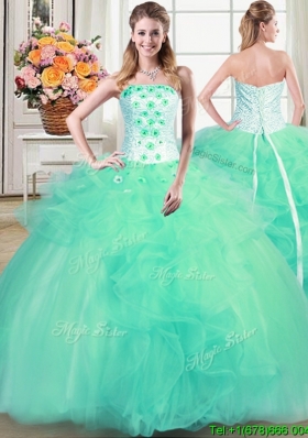 Gorgeous Strapless Beaded Turquoise Quinceanera Dress with Appliques and Ruffles