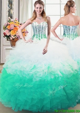 Best Selling Puffy White and Green Quinceanera Dress with Beading and Ruffles