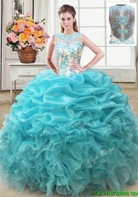 Fashionable Ruffled and Beaded Bodice Organza Quinceanera Dress in Aqua Blue