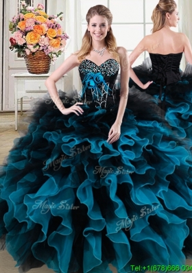 Classical Beaded and Ruffled Quinceanera Gown in Black and Blue