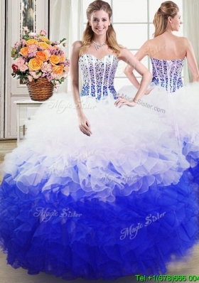 Beautiful Puffy Sweetheart White and Blue Organza Quinceanera Dress with Beading and Ruffles