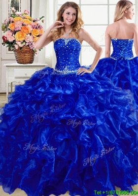 Most Popular Ruffled Organza Strapless Quinceanera Gown in Royal Blue