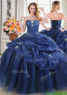 Elegant Navy Blue Sweetheart Quinceanera Dress with Appliques and Pick Ups