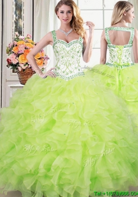 Popular Straps Organza Ruffled and Beaded Quinceanera Dress in Yellow Green