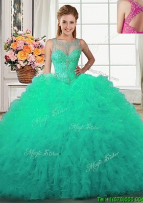 Fashionable Beaded and Ruffled Scoop Turquoise Quinceanera Dress in Tulle