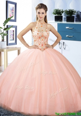 Puffy Skirt Halter Top Embroideried Bodice Tulle Quinceanera Dress in Peach