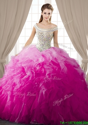 Fashionable Off the Shoulder Hot Pink Quinceanera Dress with Ruffles and Beading