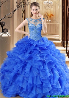 Cheap See Through Scoop Royal Blue Quinceanera Dress with Beading and Ruffles