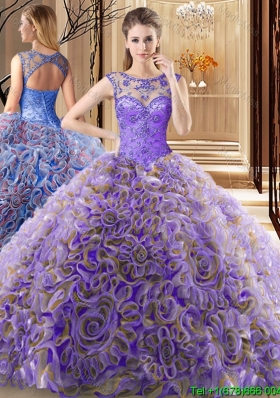 Luxurious Beaded Rolling Flowers Lavender Quinceanera Dress with Brush Train