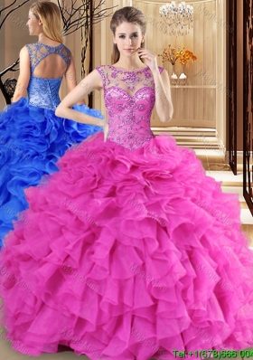 Elegant See Through Scoop Hot Pink Quinceanera Dress with Beading and Ruffles