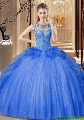 Wonderful Beaded and Ruffled Blue Quinceanera Dress in Tulle and Sequins