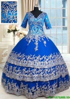 Discount V Neck Half Sleeves Zipper Up Quinceanera Dress with Ruffled Layers